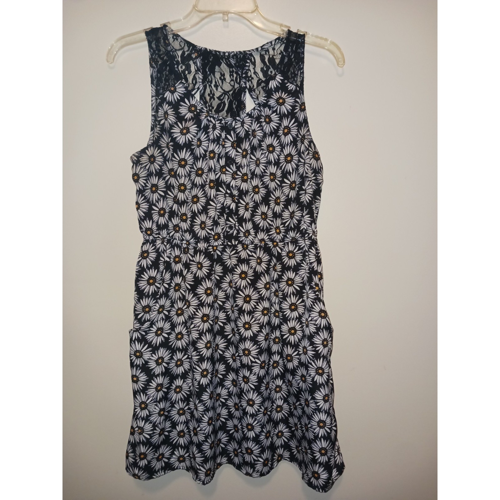 Sleeveless Black Daisy Print Rayon Mini Dress Lace Detail Open Back Size M